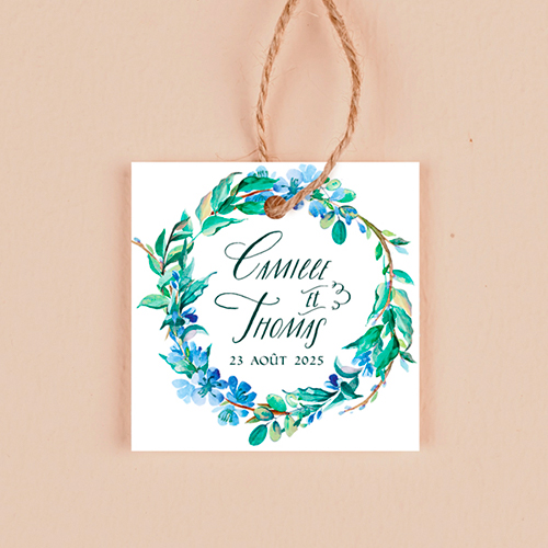 Étiquette carrée de mariage Fleuri bleu à personnaliser