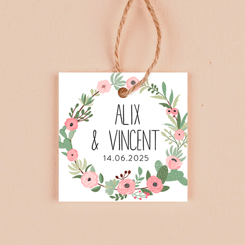 Étiquette carrée de mariage Fleuri rose à personnaliser