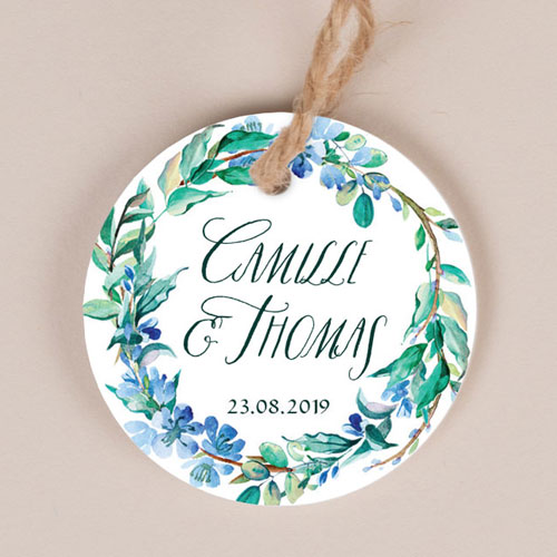 Etiquette ronde de mariage Fleuri bleu à personnaliser