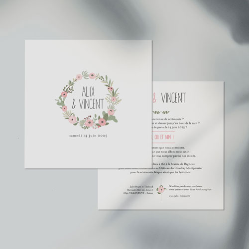 Faire-part de mariage Fleuri rose à personnaliser