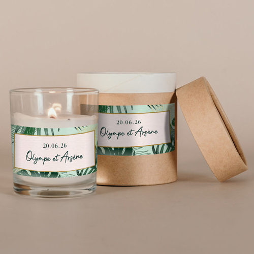 Bougie blanche de mariage Cadre tropical à personnaliser