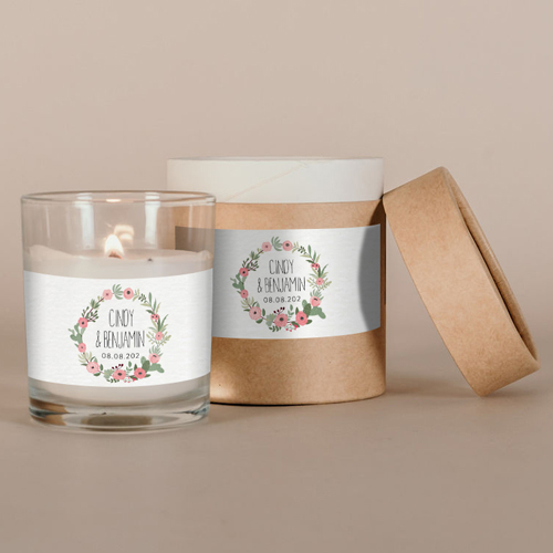 Bougie blanche de mariage Fleuri rose à personnaliser