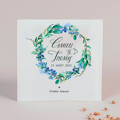 Sachet de graine de mariage Fleuri bleu à personnaliser