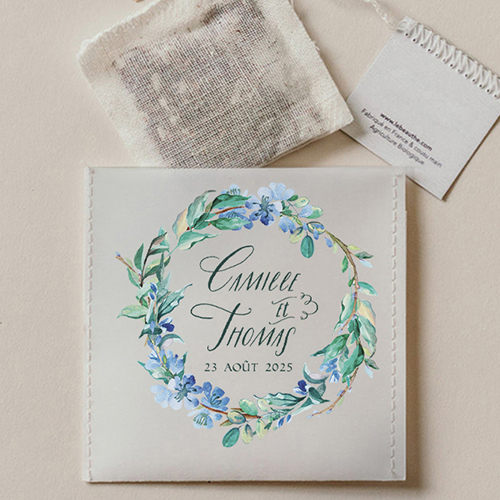 Sachet de thé de mariage Fleuri bleu à personnaliser