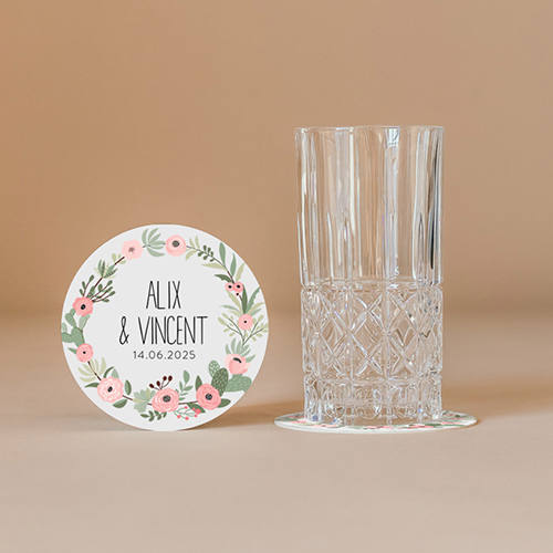 Sous-bock de mariage Fleuri rose à personnaliser