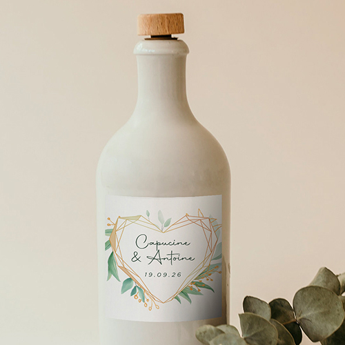 Sticker bouteille de mariage Coeur géométrique à personnaliser