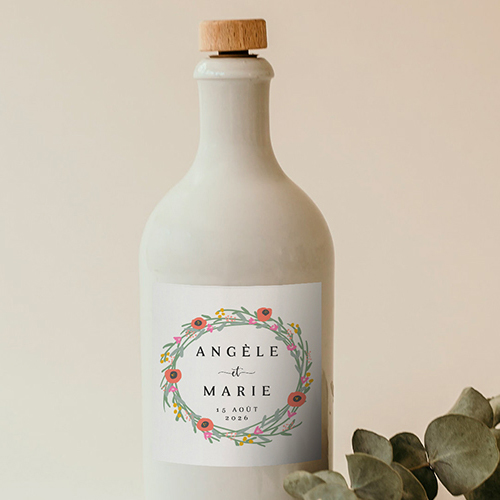 Sticker bouteille de mariage Couronne de fleurs à personnaliser