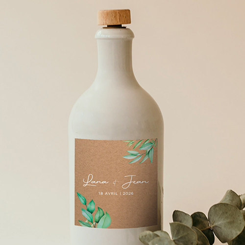 Sticker bouteille de mariage Feuilles kraft à personnaliser
