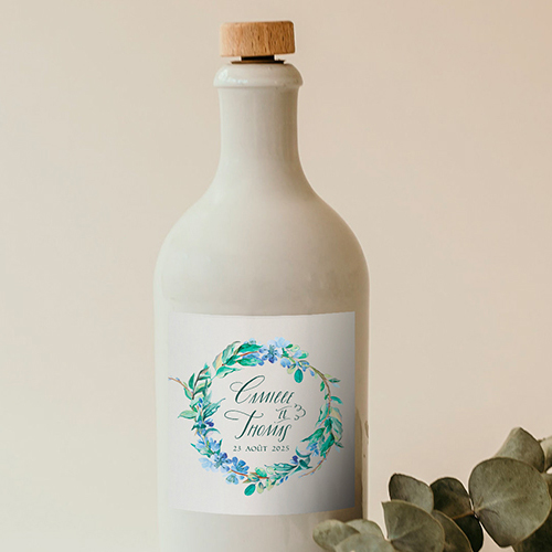 Sticker bouteille de mariage Fleuri bleu à personnaliser