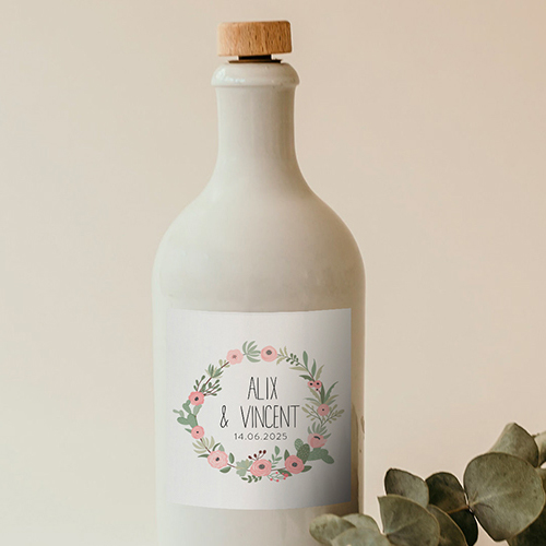 Sticker bouteille de mariage Fleuri rose à personnaliser