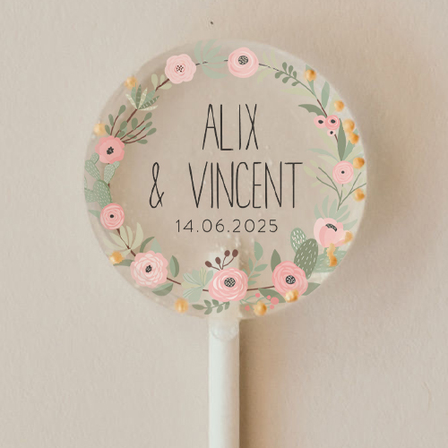 Sucette de mariage Fleuri rose à personnaliser