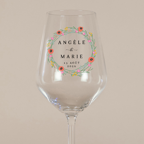 Verre à vin de mariage Couronne de fleurs à personnaliser