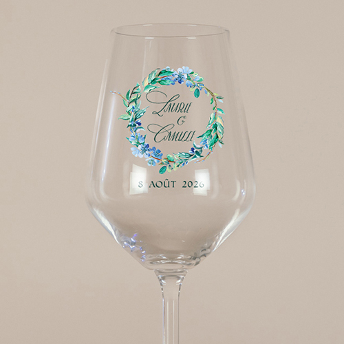 Verre à vin de mariage Fleuri bleu à personnaliser