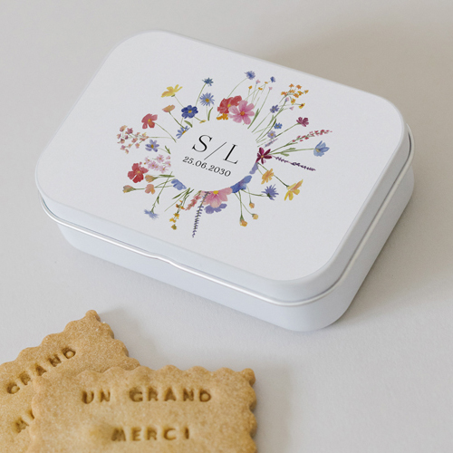 Boîte métal :univers de mariage Bruyère à personnaliser