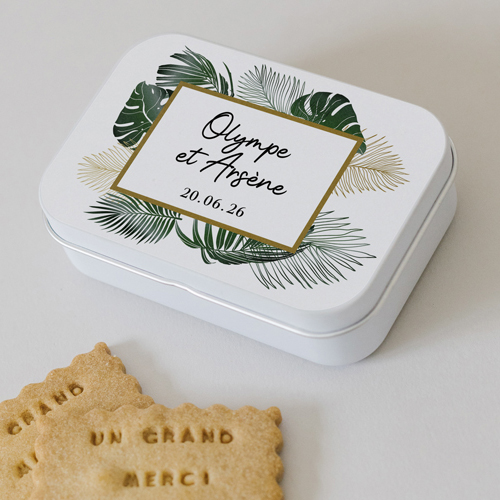 Boîte métal :univers de mariage Cadre tropical à personnaliser