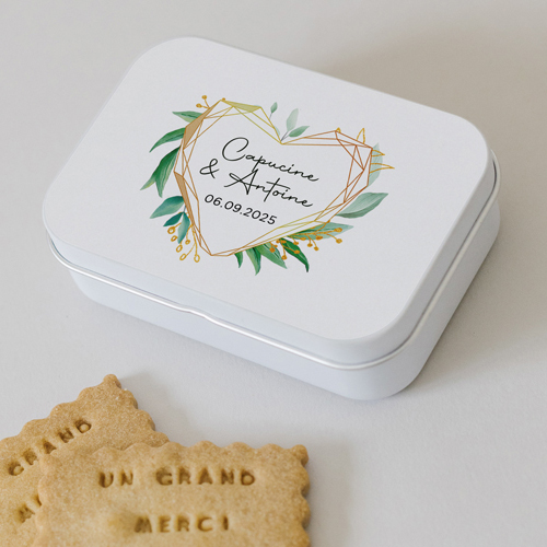 Boîte métal :univers de mariage Coeur géométrique à personnaliser