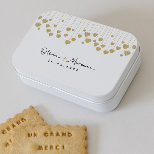 Boîte métal :univers de mariage Coeurs suspendus à personnaliser