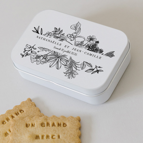 Boîte métal :univers de mariage Composition florale à personnaliser