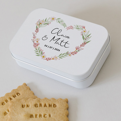 Boîte métal :univers de mariage Couronne coeur à personnaliser
