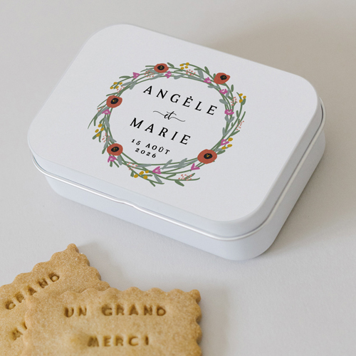 Boîte métal :univers de mariage Couronne de fleurs à personnaliser