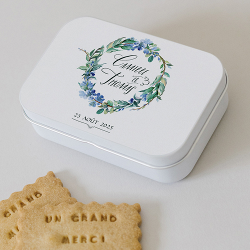 Boîte métal :univers de mariage Fleuri bleu à personnaliser