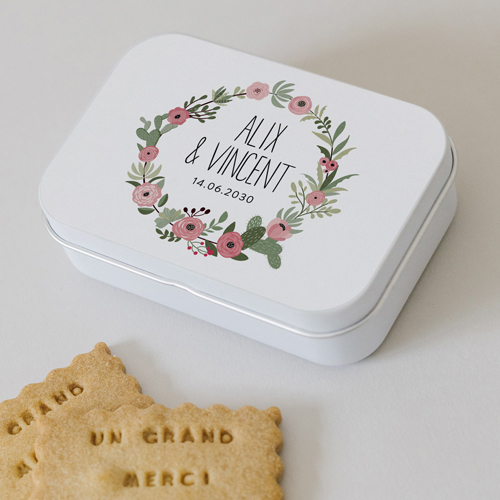 Boîte métal :univers de mariage Fleuri rose à personnaliser