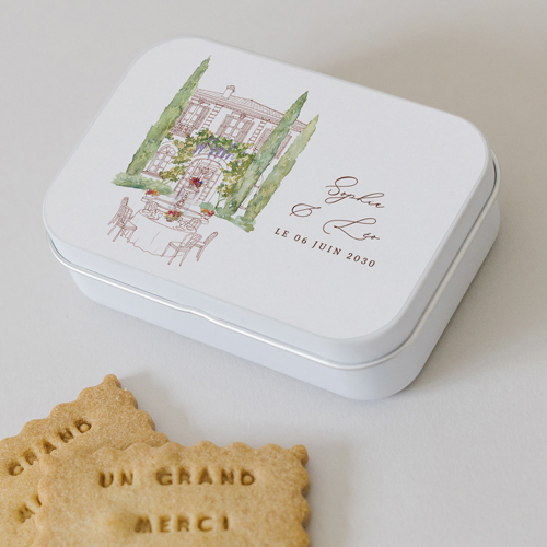 Boîte métal :univers de mariage La Bâtisse à personnaliser