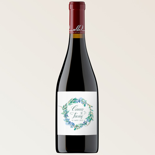 Bouteille de vin de mariage Fleuri bleu à personnaliser