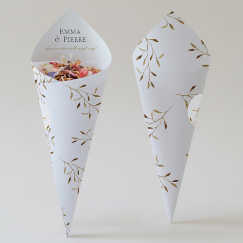 Cornet confettis :univers de mariage Feuilles dorées à personnaliser
