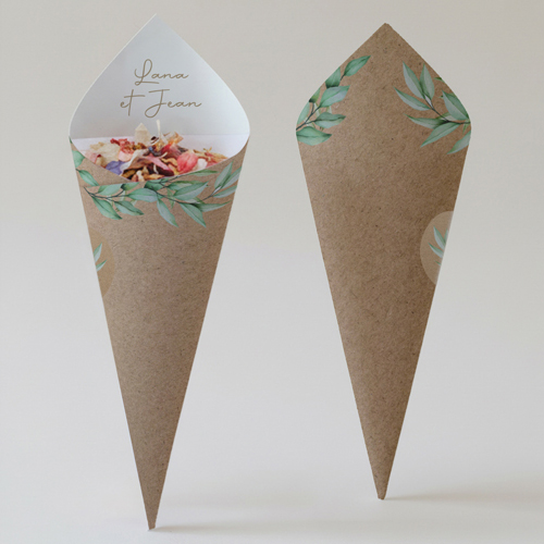 Cornet confettis :univers de mariage Feuilles kraft à personnaliser