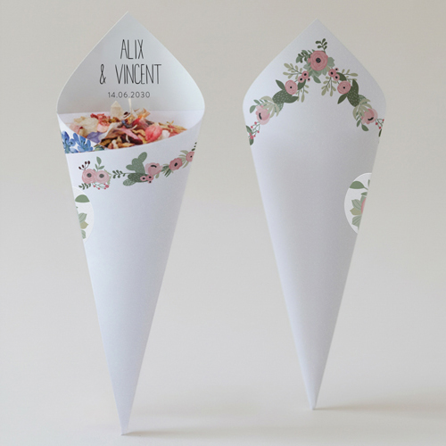 Cornet confettis :univers de mariage Fleuri rose à personnaliser