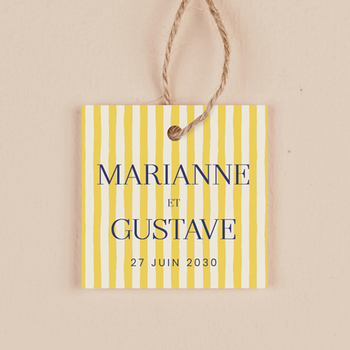 Étiquette carrée de mariage Stripes Jaune à personnaliser