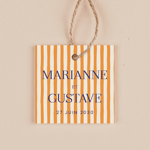 Étiquette carrée de mariage Stripes Orange à personnaliser