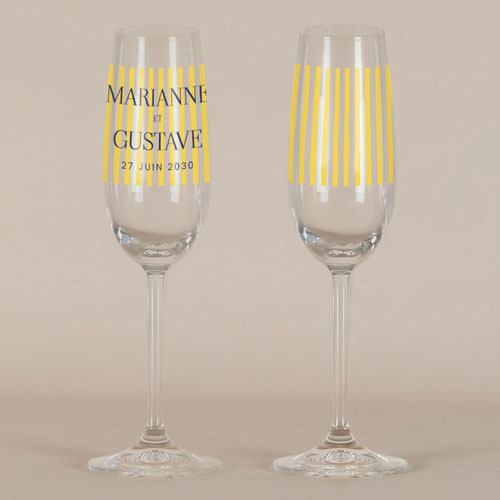 Flûte à champagne de mariage Stripes Jaune à personnaliser