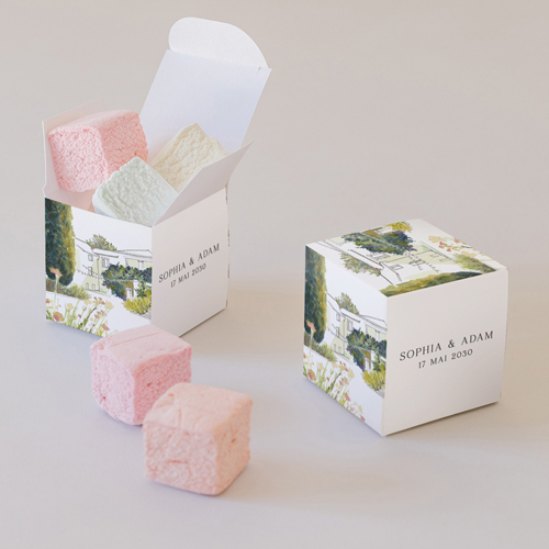 Petite boîte imprimée :univers de mariage Mas à personnaliser