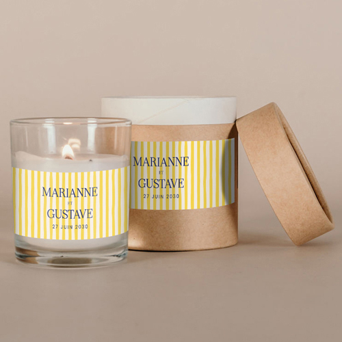 Bougie blanche de mariage Stripes Jaune à personnaliser