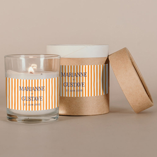 Bougie blanche de mariage Stripes Orange à personnaliser