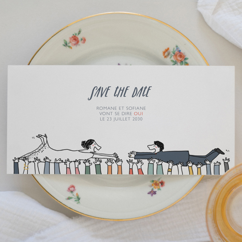 Save the date de mariage Crowd Surfin à personnaliser