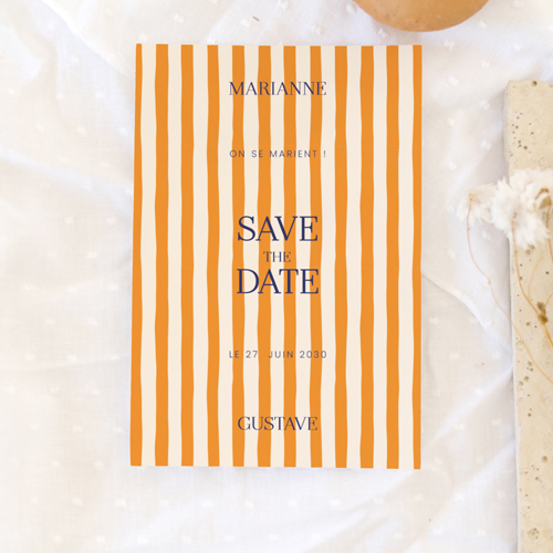 Save the date de mariage Stripes Orange à personnaliser